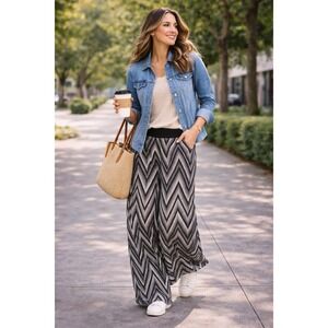 Women's XL Wide Leg Palazzo Pants Chevron Stretch Pull-On Casual Workwear